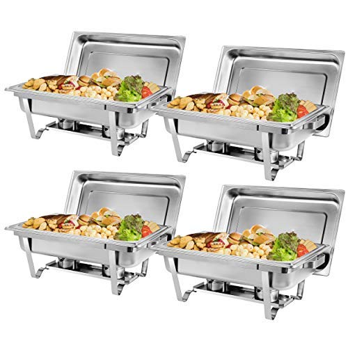 ZENY Pack of 4 Chafing Dish 8 Quart Full Size Stainless Steel Complete Chafer Set with Water Pan and Chafing Fuel Holder