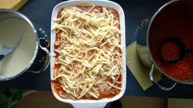 unbaked lasagna with bolognese sauce