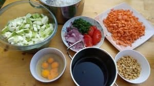 Prepared ingredients to make stir fry for a crowd