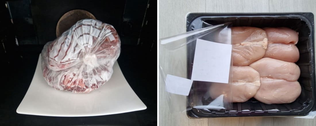 defrosting beef in plasting bag and chicken in pakcage in the microwave